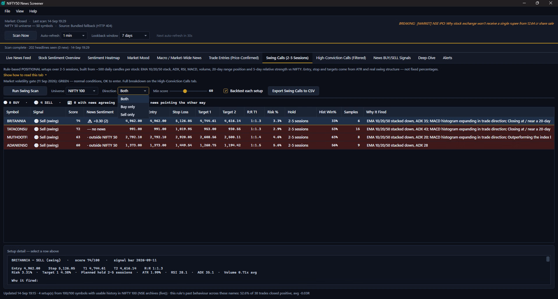 Direction selection screen in the Nifty 50 News Screener Windows application