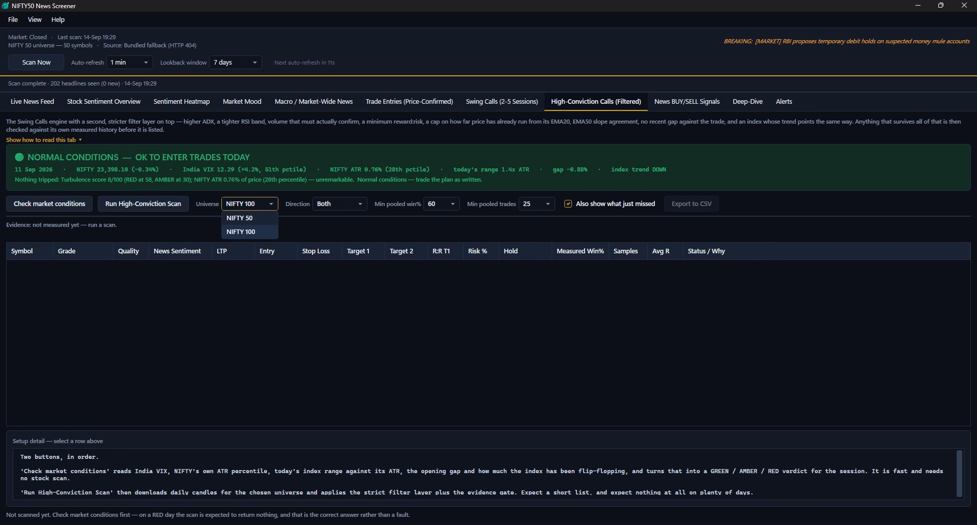 Universe Selection screen in the Nifty 50 News Screener Windows application